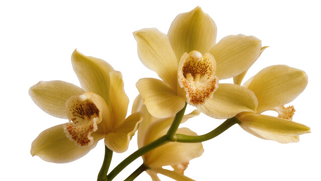Delicate pale yellow cymbidium orchid flowers with brown speckled centers, isolated on transparent background