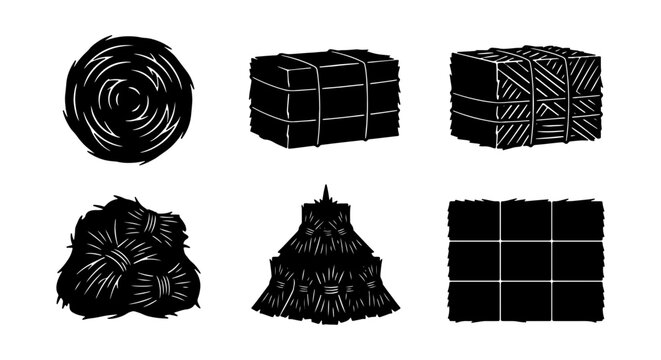 Rustic hay bale icons, black farm straw bundles, 6 agriculture vector silhouettes