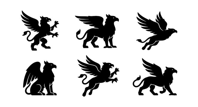 Heraldic griffin silhouettes, mythical gryphon vector set, 6 black griffin icons
