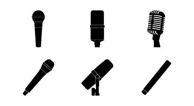 Professional microphone silhouette set, 6 studio mic icons, podcast and audio equipment