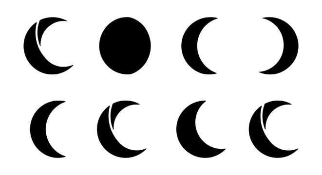 Celestial Moon Phase Icons, Black Crescent Moon Set, 8 Vector Lunar Cycle Symbols