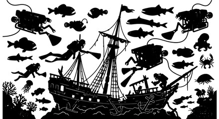 Underwater Pirate Shipwreck Scene, Silhouette Vector Set: Divers, Submarines, Marine Life, Coral Reefs, Nautical Exploration © Ahsan