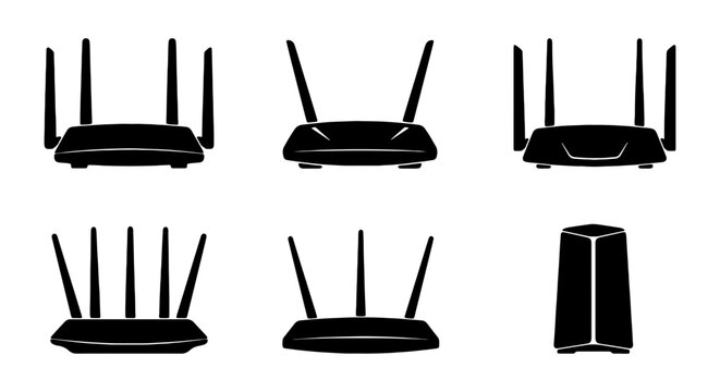 Wireless router icons set, black wifi modem silhouettes, 6 network hardware vectors