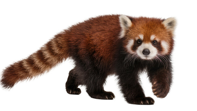 Fluffy red panda with striped tail walking, isolated on transparent background