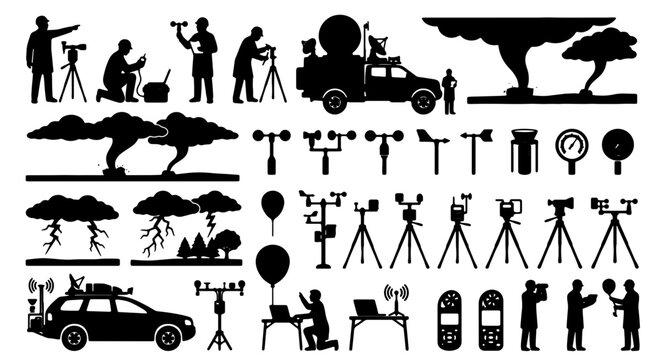 Meteorology Weather Science Icons, Forecasting Equipment, Storms, Wind Measurement, Atmospheric Research Vector Set