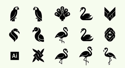 Obraz premium Collection of Elegant Bird Silhouettes: Parrots, Swans, Flamingos, Peacock Icons