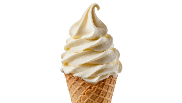 Creamy vanilla soft serve ice cream swirl in a waffle cone, isolated on transparent background