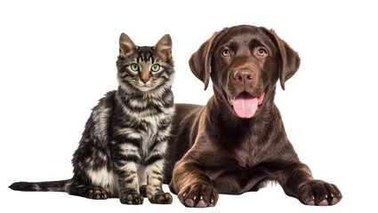 Tabby kitten and chocolate labrador dog sitting together, isolated on transparent background © Sofix