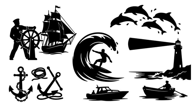 Nautical Vector Icons: Sailing Ship, Surfer, Lighthouse, Dolphins, Anchors, Rowboat, Sailor, Boat, Ocean, Sea Adventure Elements