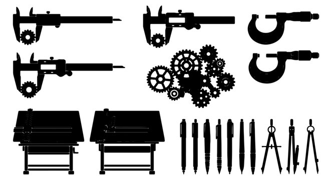 Engineering Tools and Drafting Equipment Vector Set: Calipers, Micrometers, Gears, Drawing Boards, Pens, and Compasses for Technical Design and Precision Measurement