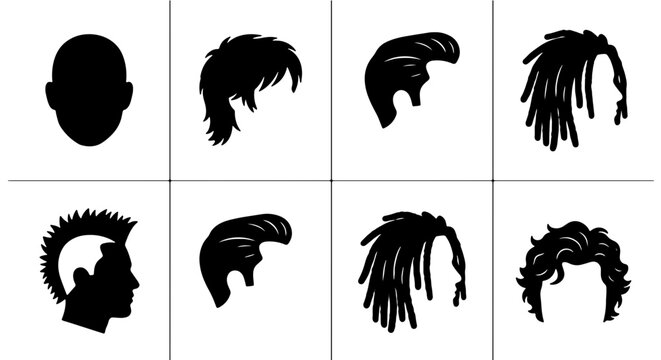 Diverse Male Hairstyles Silhouette Collection, 8 Black Vector Icons for Barber Shop Branding, Men's Grooming Graphics