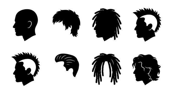 Diverse Hairstyles Silhouette Collection, Modern and Classic Haircuts Vector Set, Male Profiles with Various Hair Types and Styles for Design
