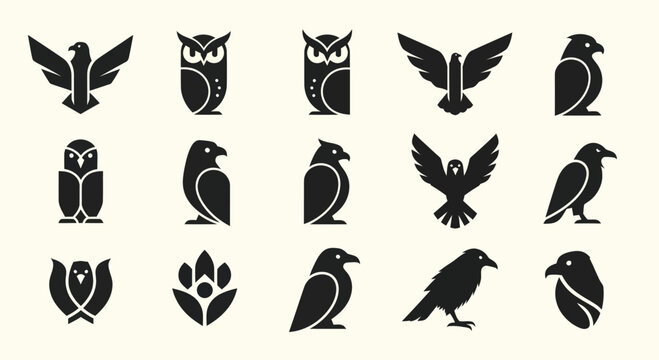 Collection of Bird Silhouettes: Eagles, Owls, Crows, Hawks - Logo Icons