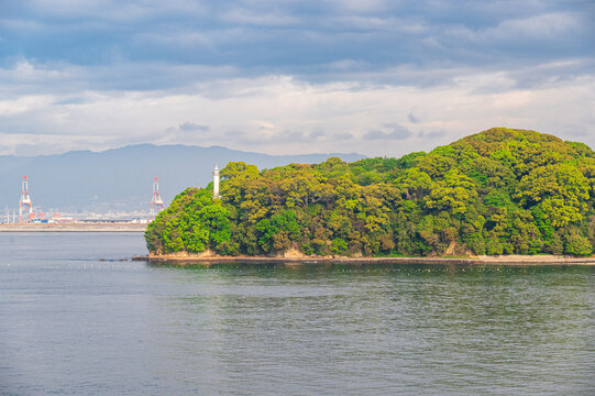 Cruise ship arriving at the port of Hiroshima with mountains and harbor infrastructure background, Japan