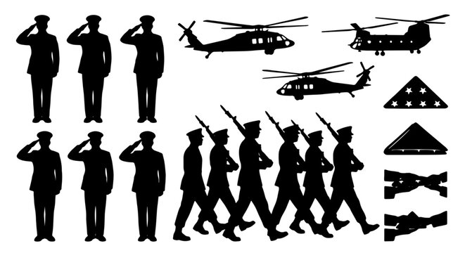 Military Icons: Silhouette Soldiers Saluting, Marching, Helicopters, and Flags for Patriotic and Service Themes