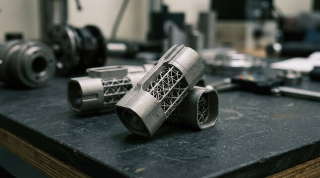 Closeup medium shot of metalprinted custom connector inserts highlighting robust precise detailing and complex lattice structures ideal for industrial applications.