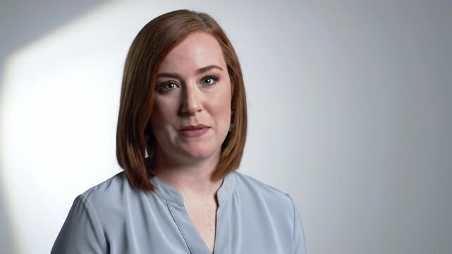 Young professional woman, 25-35, in light blue business-casual blouse, transitions from thoughtful concentration to an 'aha!' moment and confident smile in a clean, minimalist studio video. Corporate