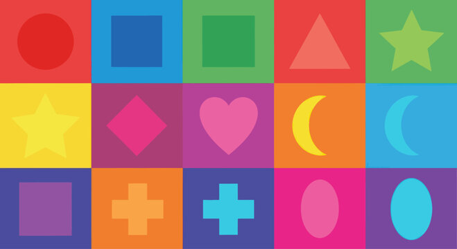 Colorful Geometric Shapes and Icons Grid Background