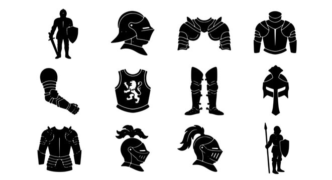 Medieval Knight Armor Set, Historical Warrior Gear Collection, Vintage Military Protection Icons, Vector Elements for Game Design and History Projects