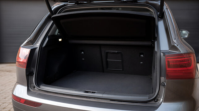Modern dark gray compact utility vehicle with open empty trunk and rear hatch, showing spacious storage suitable for travel or daily use in daylight