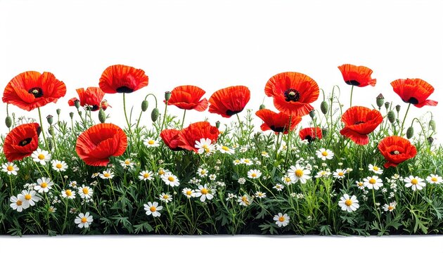 Vivid red poppies and white daisies bloom vibrantly in lush green grass