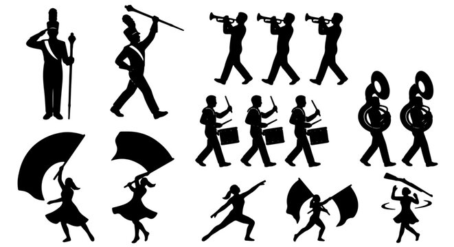 Marching Band Silhouettes: Drum Major, Musicians, Flag Performers, Brass Instruments, Drums, Vector Graphics for Performance and Parade Themes