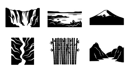 Nature Landscape Icons Set: Waterfall, Lake, Mountain, River, Bamboo Forest, Peaks   Vector Graphics for Travel and Environment Themes © Samim