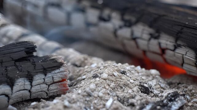 Close up of glowing embers and ash from a dying fire.