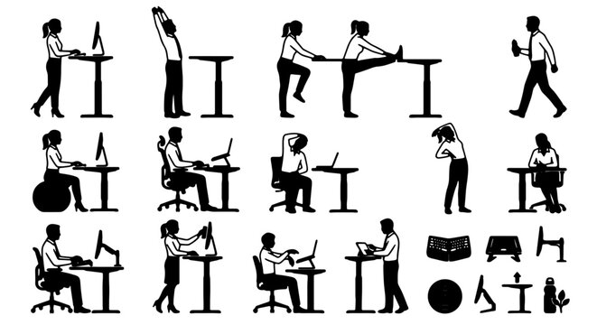 Office Ergonomics Set: Standing Desk Exercises, Stretches, and Seated Posture Illustrations, Vector Icons for Healthy Workspace Design