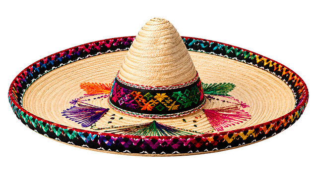 Traditional Mexican sombrero with colorful embroidery, authentic straw charro hat on white background, festive party accessory for Cinco de Mayo