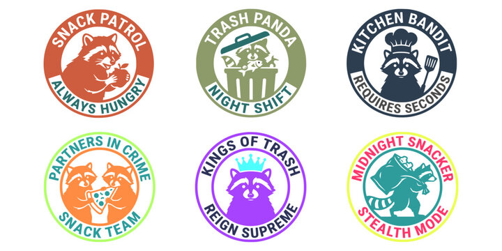 Funny Raccoon Badge Vector Set, Cute Trash Panda Sticker Designs with Food Quotes