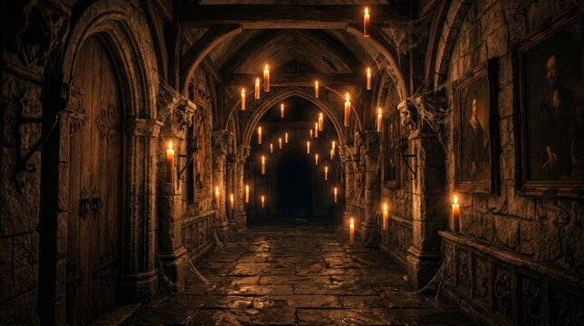 Spooky halloween background dark castle hallway with floating candles and cobwebs