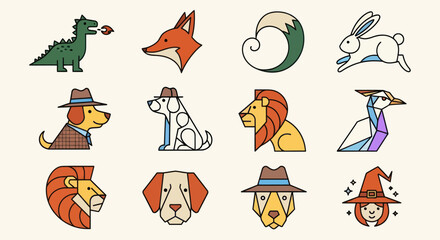 Obraz premium Cute Cartoon Animal Icons Set: Dinosaur, Fox, Rabbit, Dog, Lion, Bird, Witch