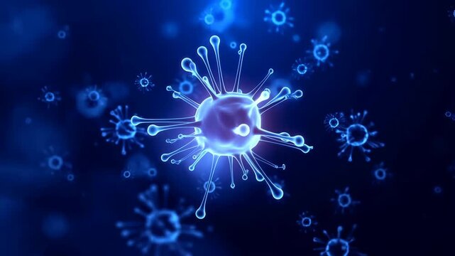 Virus microscopic glowing battle scene with spiky particles and bright molecular halos in dark blue 3D sci-fi background