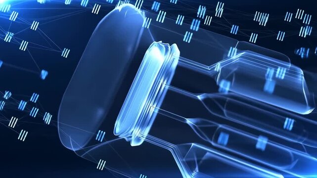 Microscope glowing futuristic hologram hand with circuit particles, hyper-realistic blue science concept on dark background