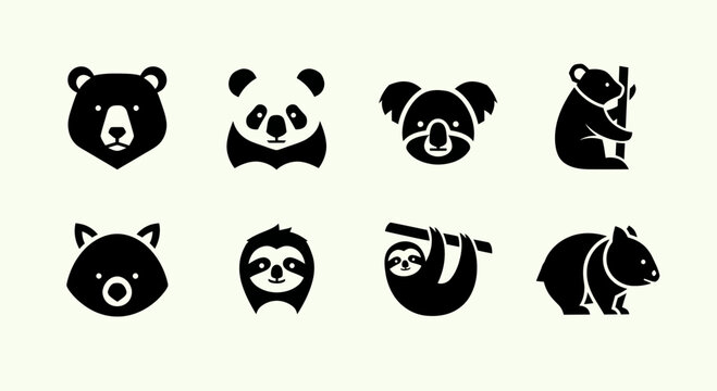 Cute Cartoon Animal Icons Set: Bear, Panda, Koala, Sloth, Raccoon, Cub