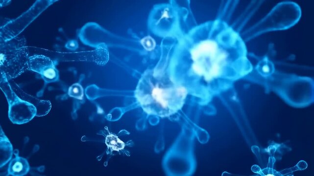 Immune cells colliding in glowing microscopic blue 3D medical science background for research and health education