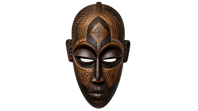 Traditional African wooden mask with intricate hand-carved patterns, tribal ceremonial mask on white background, ethnic dark wood sculpture