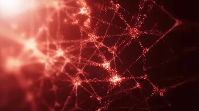 Network with nodes and connections glowing in orange light on dark background featuring science, technology, futuristic with abstract and