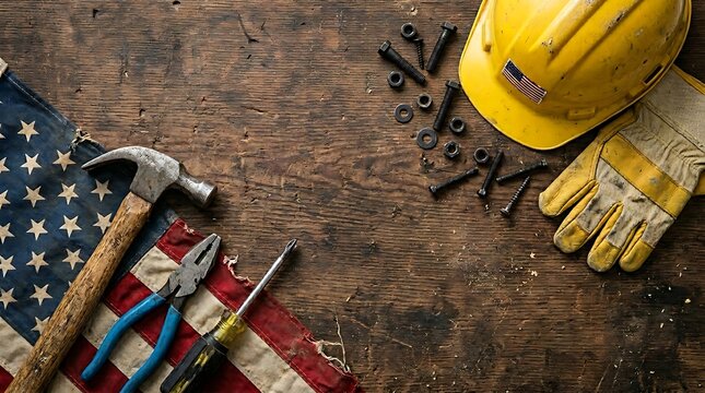 construction tools and american flag on rustic wood background