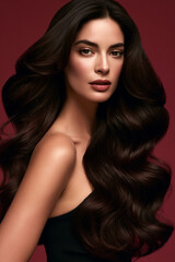 Fototapeta premium luxury haircare portrait with ultra shiny layered hairstyle, elegant woman with healthy voluminous hair in studio, sophisticated beauty campaign with radiant glossy hairstyle