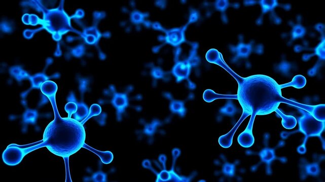 Virus particle microscopic spikes rotating in blue glow, hyper-realistic 3D render with depth and bokeh background