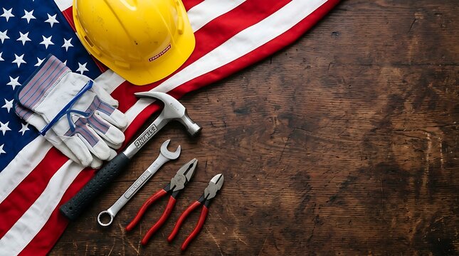construction tools and hard hat on american flag and wood
