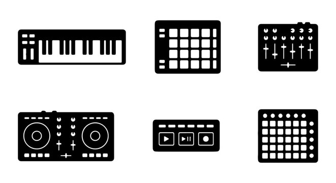 Music Production Equipment Icons: Synthesizer, Drum Machine, DJ Controller, Sampler