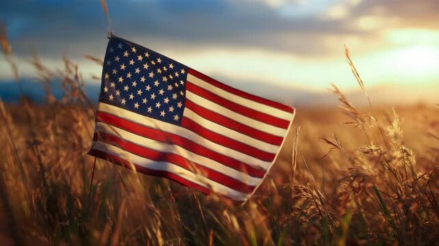 American flag waving gently in a golden field of grass under a bright sky, capturing the essence of freedom and patriotism in a serene landscape