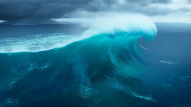 Ocean whirlpool forming under stormy sky with powerful waves and misty spray, hyperrealistic seascape wide view from above
