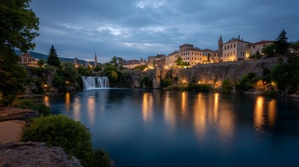 Obraz premium Historic stone buildings overlook a lush green landscape under a dramatic twilight sky