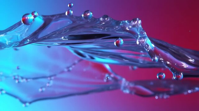 Water droplets splashing in vibrant blue and pink gradient background with dynamic motion featuring liquid, fluid, abstract with artistic and