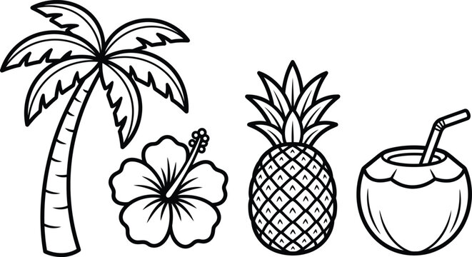 Tropical Beach Elements Coloring Page: Palm Tree Hibiscus Flower Pineapple and Coconut Drink Line Art