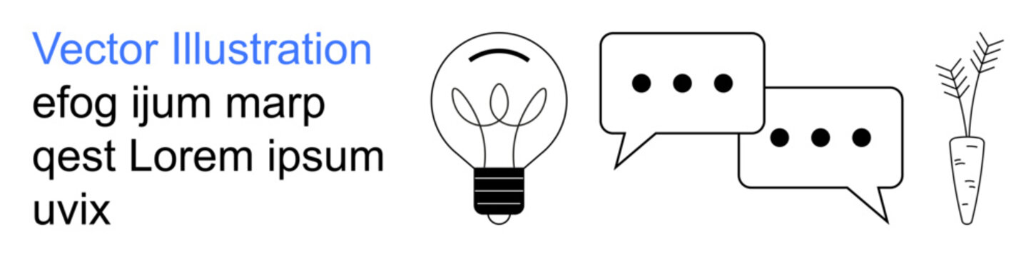Creativity, communication, sustainability, brainstorming, innovation, visual design. A light bulb, speech bubbles and a minimal carrot design. Creativity and communication concepts